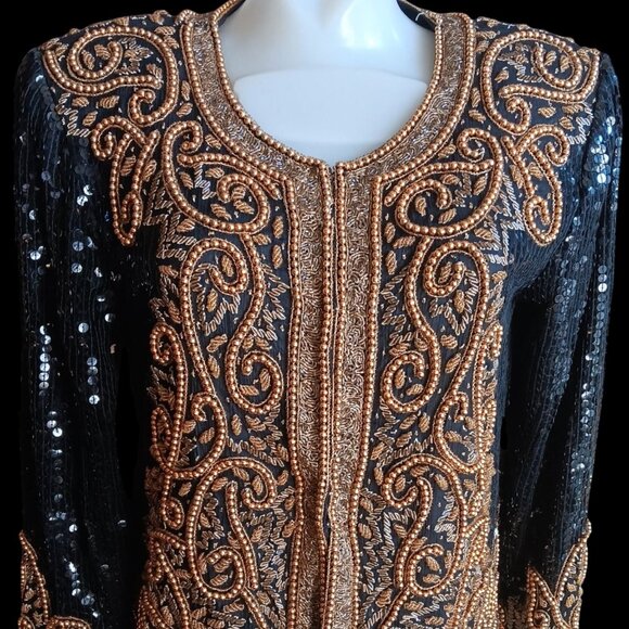 Small Vintage Bolero Jacket Black Gold Beaded Sequin Embroidery Patra - Picture 2 of 15